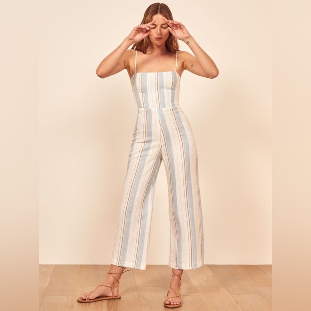NEW Reformation Elm Linen Jumpsuit Napoli Stripe 0